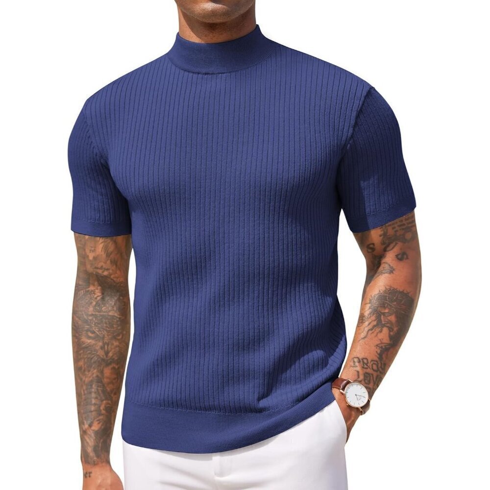 Men Navy Blue Turtleneck Sweater Short Sleeve Casual Basic Pullover Ribbed Knit